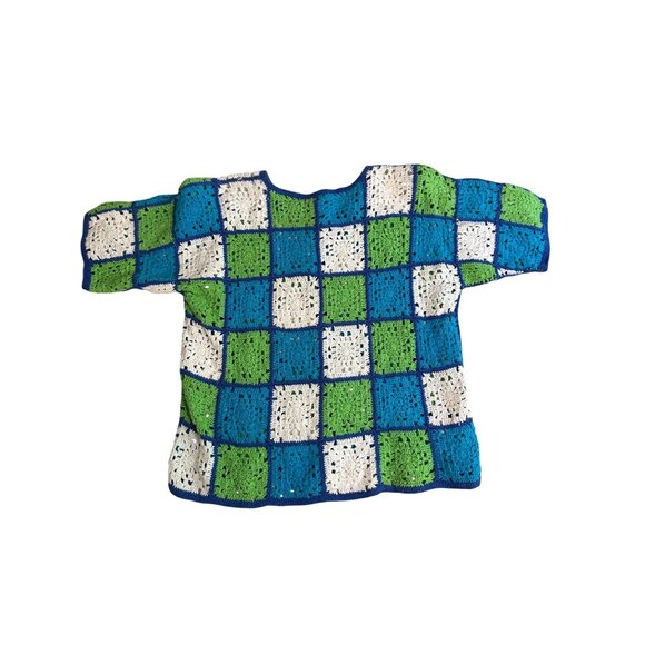 Handmade Crochet Medium Short-Sleeve Patchwork Cardigan Sweater In Blue Green & - Picture 4 of 8